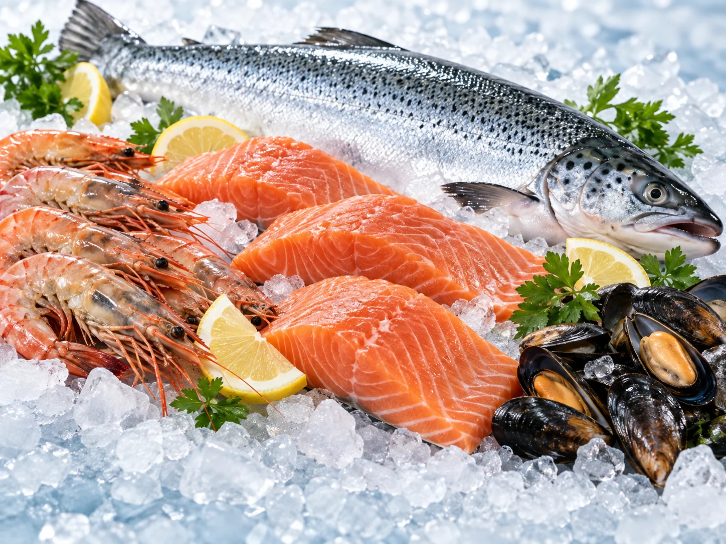 Fish and shellfish displayed on ice for a seafood trade product selection